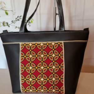 Sac à main cabas LOMA en tissu wax et simili cuir noir