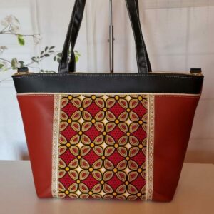 Sac à main cabas LOMA en tissu wax et simili cuir terracotta